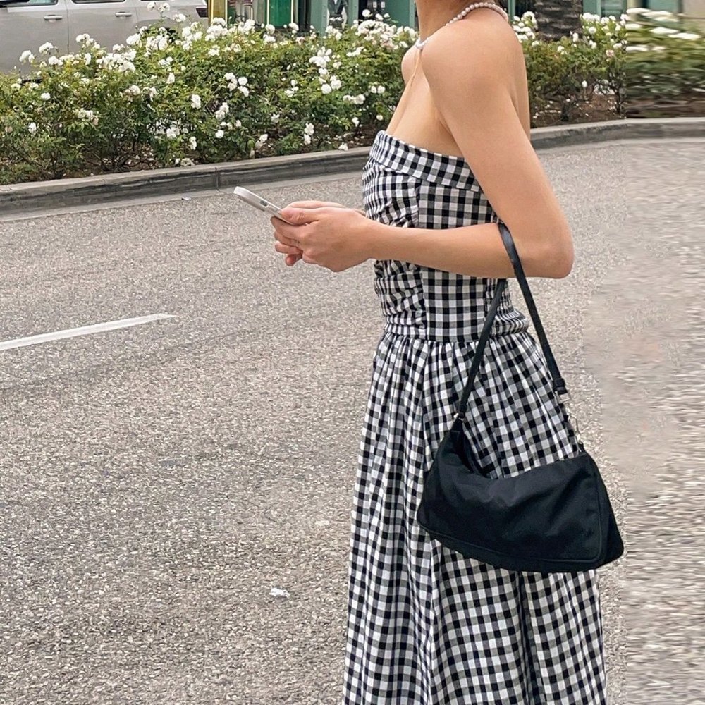 Black & White Preppy Womens Gingham Print Tube Dress - Picture 5 of 5